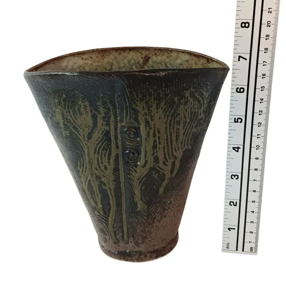 Cynthia Spencer Pottery Vase Brown Rust Mustard Colors Fan Shape 6.5
